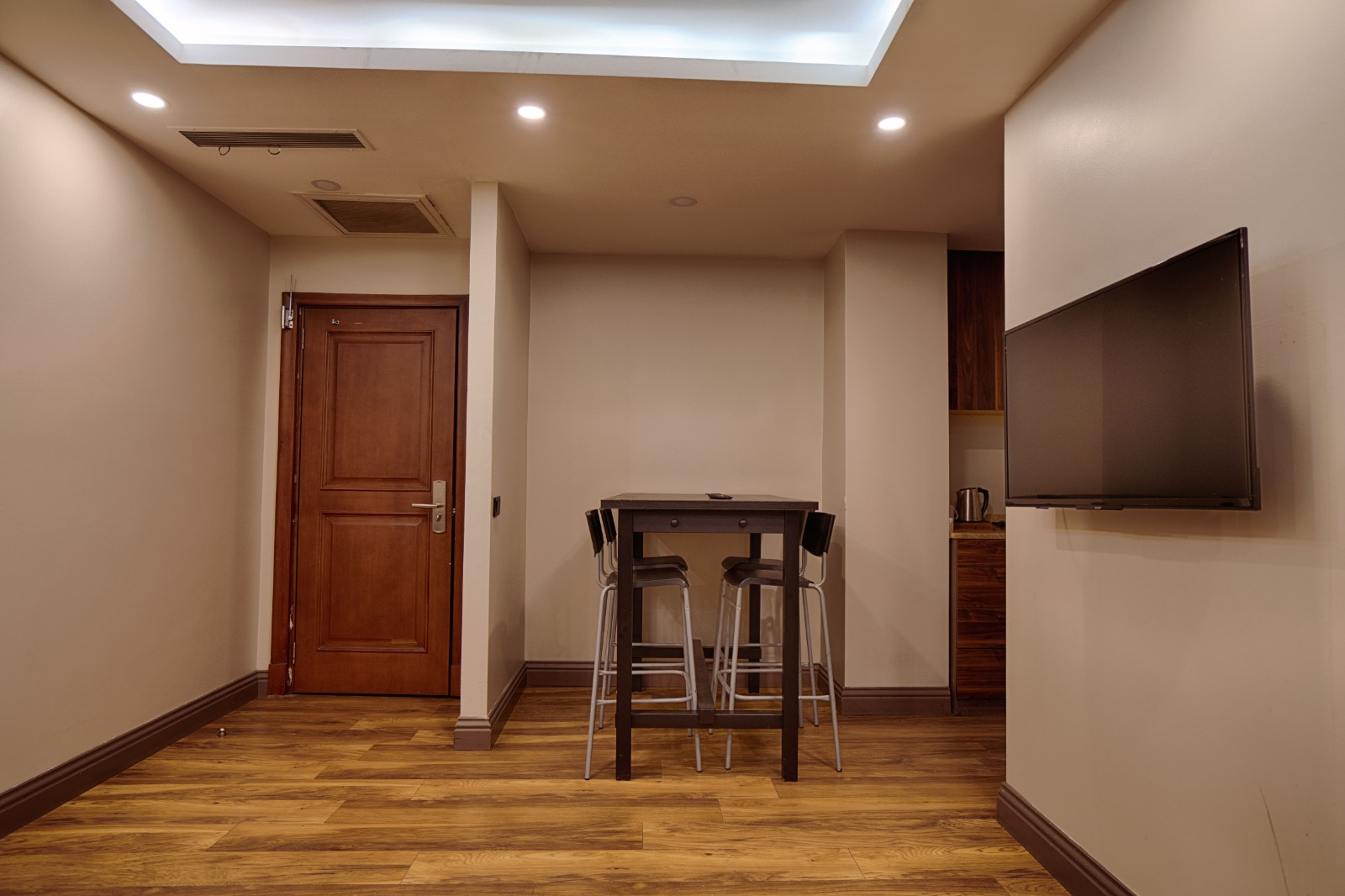Basement 1+1 suite giriş ve televizyon alanı